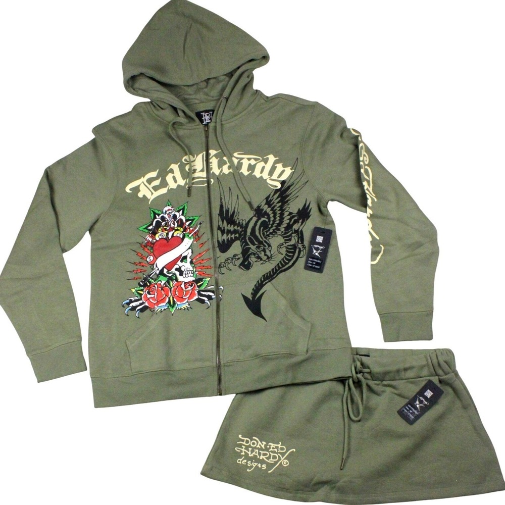 NWT Ed Hardy Heart of Roses Skirt Set M Sage Hoodie Mini Skirt Y2K Tattoo